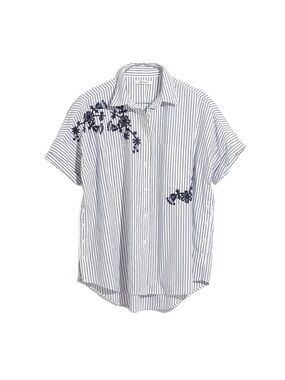 Madewell Striped Short-Sleeve Shirt with Navy Floral Embroidery - White/Navy